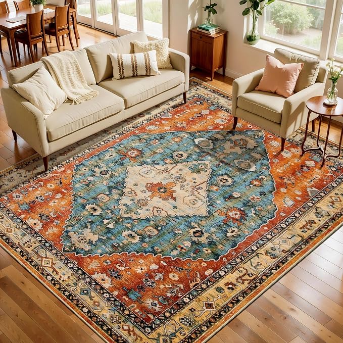 SERISSA 5x8 Area Rugs for Living Room, Large Washable Non-Slip Boho Rug, Ultra Soft Vintage Tribal Oriental Print Distressed Carpet for Bedroom Dining Room Dorm Office Home Decor