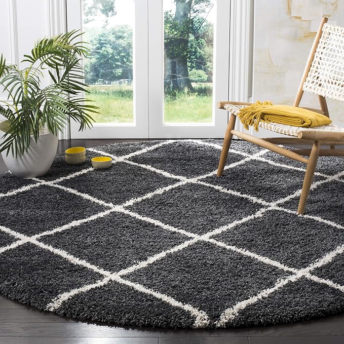 SAFAVIEH Hudson Shag Collection 11' Round Dark Grey/Ivory SGH281G Modern Diamond Trellis Non-Shedding Living Room Bedroom Dining Room Entryway Plush 2-inch Thick Area Rug