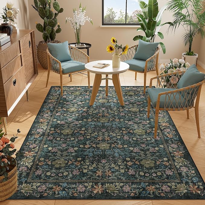 DUKINO 3x5 Rug, Washable Vintage Floral Bedroom Area Rug Non Slip, Blue | Low Pile, Non-Shedding, Aesthetic Lightweight Soft Indoor Small Carpet for Bathroom Entryway Living Room Office Farmhouse