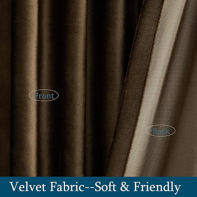 PRIMROSE Brown Velvet Curtains 72 inch Long for Living Room,Set of 2 Panels Blackout Rod Pocket Back Tab Window Treatment Room Darkening Heavy Decorative Curtains Drapes for Bedroom
