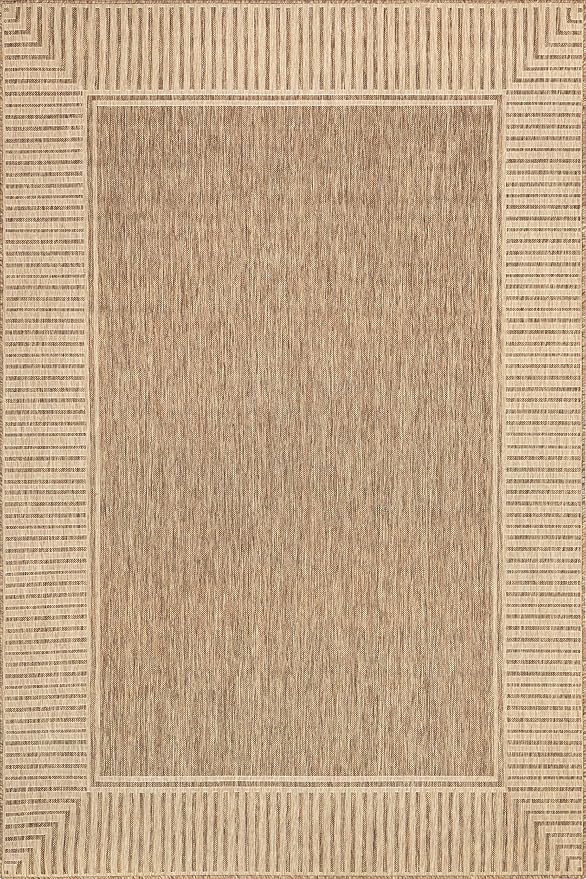 Nuloom Asha Light Brown/Ivory, 8' x 10', Casual, Striped Border, Soft and Cozy, High Traffic, Easy Clean, Durable Area Rug for Indoor/Outdoor Patio, Deck, Porch, Garden, Courtyard