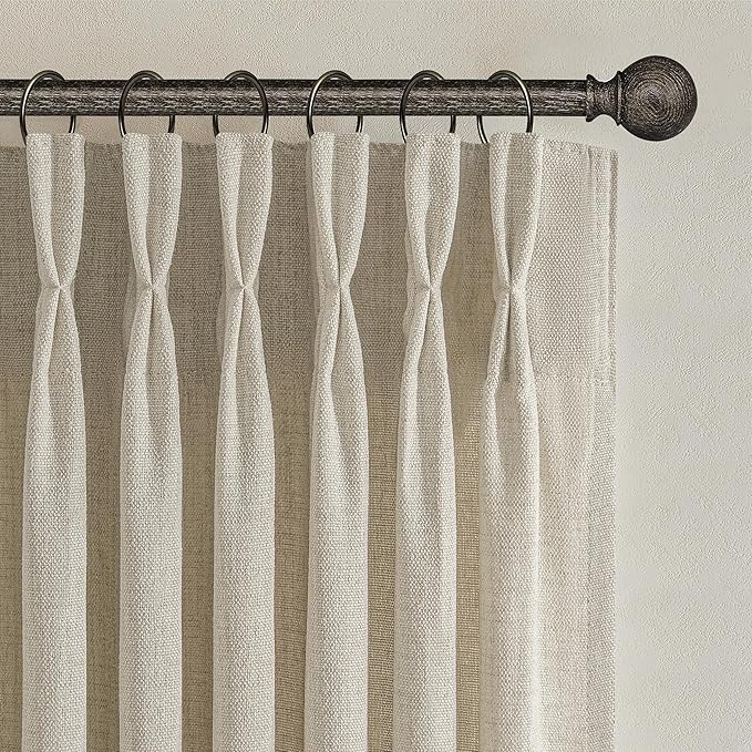 70 Inch Extra Wide Warm Beige Pinch Pleat Large Curtains 120 Inches Long for Dining Room, Memory Trained Light Filtering Linen Semi Sheer Boho Floor to Ceiling Windows Curtain 10FT Length 2 Panels Set
