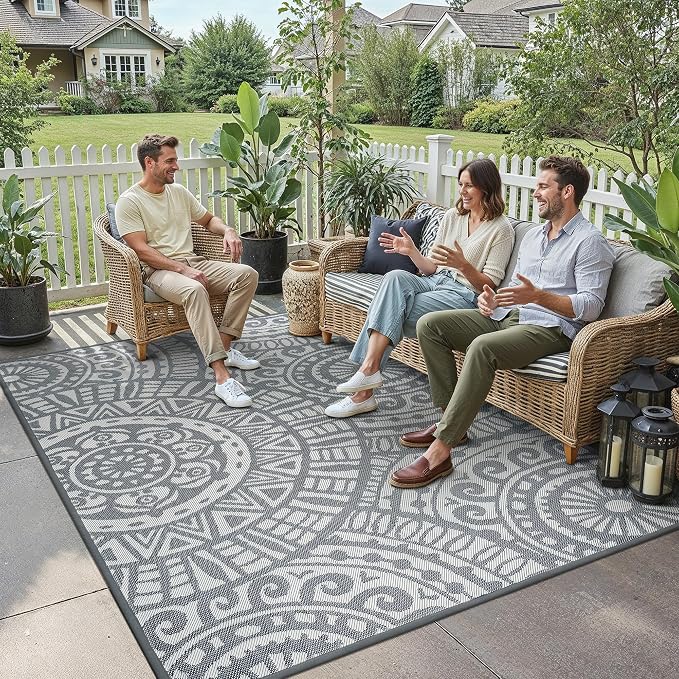 HUGEAR 8x10 Outdoor Boho Rug Grey Patio Waterproof Rug Home Decor Reversible Plastic Straw Rugs Outside Indoor Floor Mat for Camping Balcony RV Deck Porch Pool Backyard