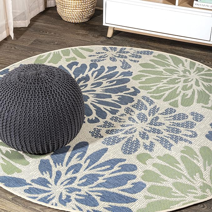 JONATHAN Y Floral Textured Weave Indoor Outdoor Round Area Rug 4 Ft Navy/Green, Zinnia Modern for Backyard, Patio, Porch, Easy-Cleaning, High Traffic, Pet-Friendly, Non-Shedding (SMB110B-4R)