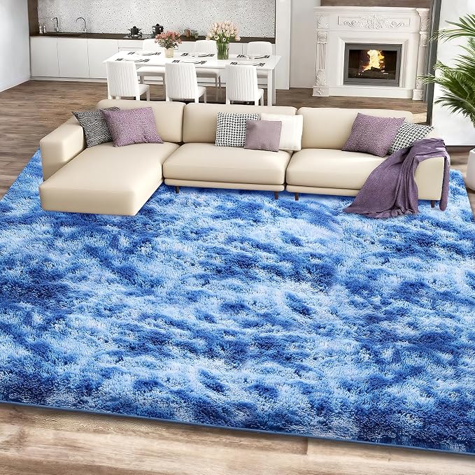 6x9 Tie-Dyed Blue Fluffy Shag Area Rugs for Living Room Bedroom | Ultra Soft Comfy, Large Fuzzy Shaggy Plush Carpet for Nursery Boys Kids Girls, Modern Indoor Home Decor, Upgrade Non-Slip