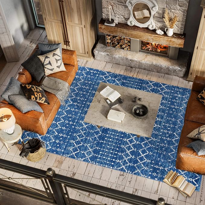 JONATHAN Y Boho Vintage Diamond Blue/White Indoor Area Rug 5X8 ft, Moroccan Hype for Living Room, Bedroom, Kitchen, Office, Easy-Cleaning, High Traffic, Pet-Friendly, Non-Shedding (MOH101A-5)