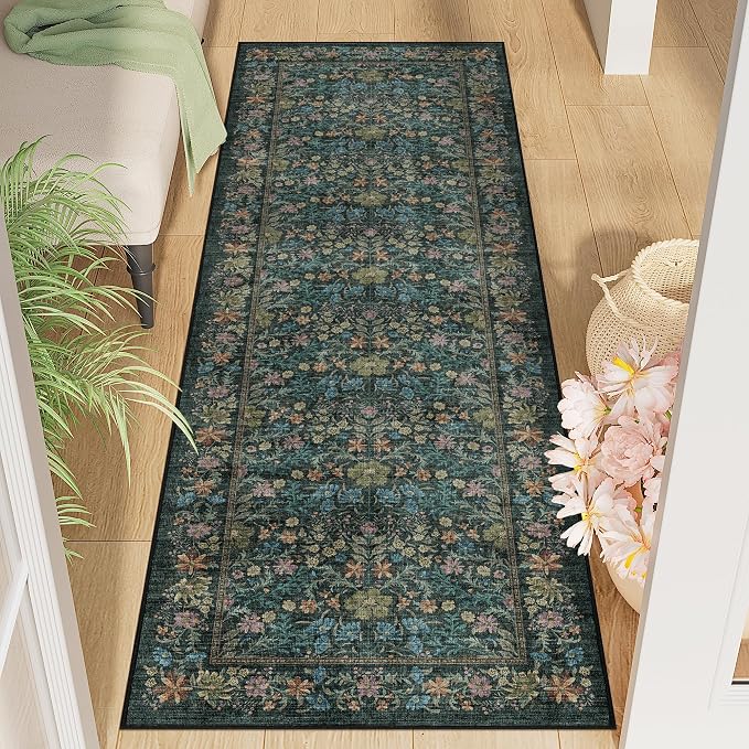 DUKINO 2x6 Runner Rug, Washable Vintage Floral Kitchen Rug, Blue | Non Slip, Low Pile, Stain Resistant Boho Soft Throw Carpet Runner for Hallway Bathroom Laundry Bedroom Entryway, Non-Shedding