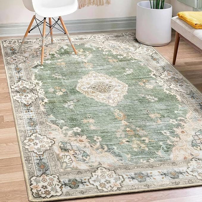 MUJOO Green Rug 3x5 Washable,Boho Area Rugs Small Non Slip Low-Pile Floral | Machine Washable Throw Carpet for Entryway Bedroom Bedside Kitchen Hallway Living Room Soft Indoor Flowers Sage Green