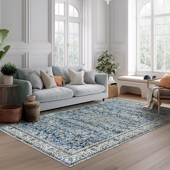 Blue Area Rugs 5x7 Vintage Boho Flower Distressed Low Pile Rug with Rubber Backing Dark Blue Non Slip Stain Resistant 5x7 Washable Rug for Living Room Bedroom Dining Room Carpet for Under Table
