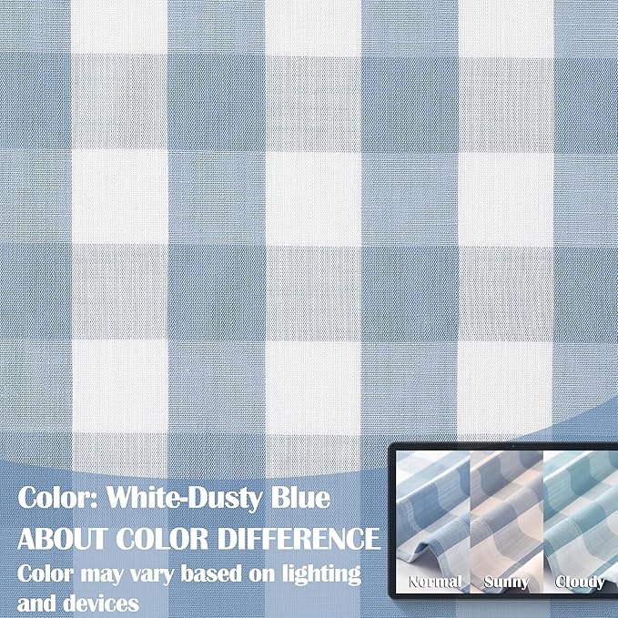 Dusty Blue White Buffalo Plaid Short Curtains 63 Inches Long | Gingham Geo Semi Sheer Drapes,Yarn Dyed Fabric,Cottage Window Treatment Bedroom Living Room,Rod Pocket,40"Wx63"L(Pack of 2)