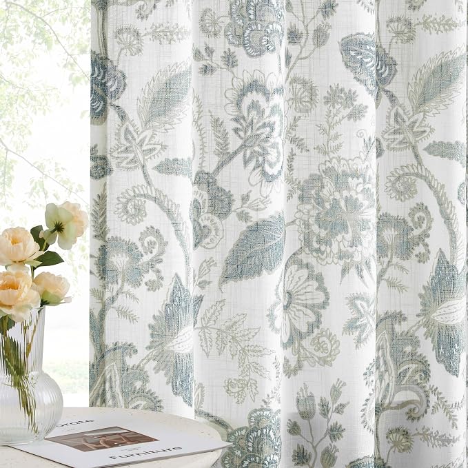 Kayne Studio Backtab Rod Pocket Jacobean Floral Semi Sheer Curtains Botanical Leaf Printed Vintage Farmhouse Blue Grey Light Filtering Window Treatment Sets Living Room Bedroom,52"x90",2 Panels