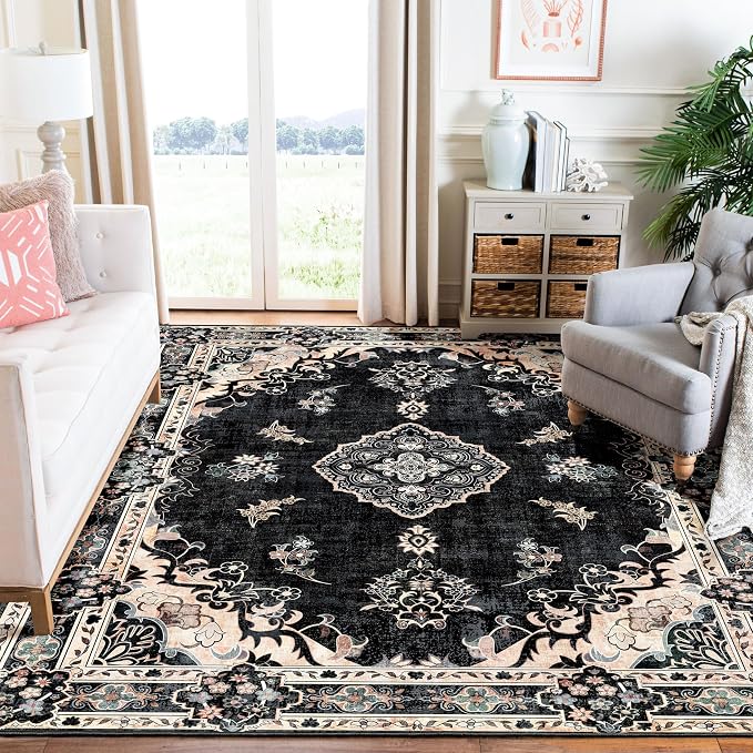 MUJOO Black Rug Washable,6x9 Area Rugs Non Slip Low-Pile Floral Large | Machine Washable Throw Carpet for Living Room Bedroom Dining Room Boho Soft Indoor Vintage Bohemian Flowers