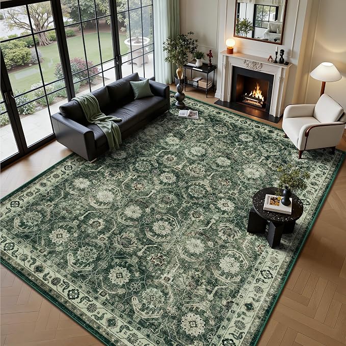 Large Area Rug 10x14, Soft Non Slip Low Pile Washable Rug, Boho Modern Area Rug for Living Room, Bedroom, Dining Room, Sage Green