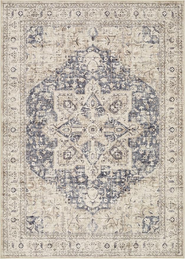 Tortania Area Rug Living Room Rugs - 8x10 Washable Boho Rug Vintage Oriental Distressed Farmhouse Large Thin Indoor Carpet for Living Room Bedroom Under Dining Table Home Office - Cream Blue