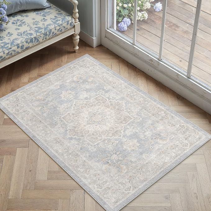 PureCozy 2x3 Washable Small Entryway Rug Blue Vintage Oriental Medallion | Non Slip, Soft Low Pile, Door Mat for Bathroom, Indoor Entrance, Kitchen, Retro Decor