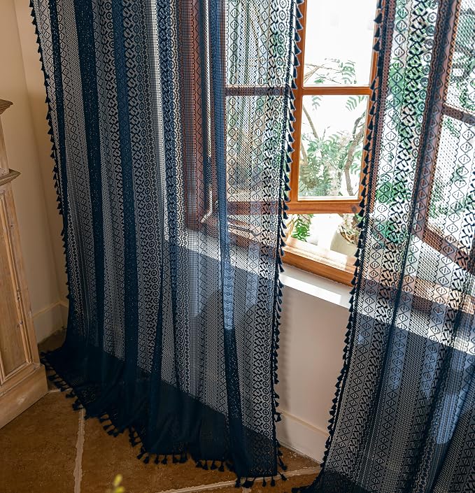 Sutuo Home Boho Lace Curtains 2 Panel Sets for Living Room Bedroom,Semi Sheer Curtains Privacy Vintage Chic Tassels Crochet Farmhouse Style Hollow Rustic Rod Pocket Festival Decor, 50" x 96" Navy Blue