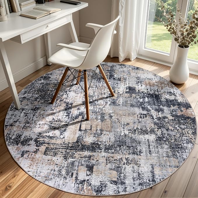 Sasttie 5ft Soft Round Area Rug, Modern Abstract Washable Circle Carpet for Living Room, Bedroom, Dining Room Table, with Non-Slip Backing, Black and Cream