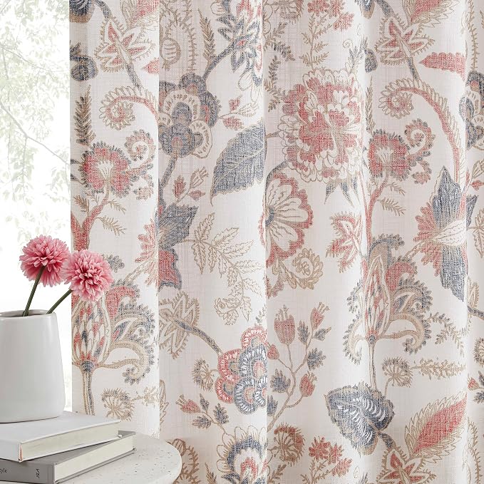 Kayne Studio Botanical Print Semi Sheer Curtains Navy Red Floral Leaf Farmhouse Linen Curtain Drapes Light Filtering Window Treatments for Living Room Bedroom Rod Pocket Back Tab,52"x63",2 Panels