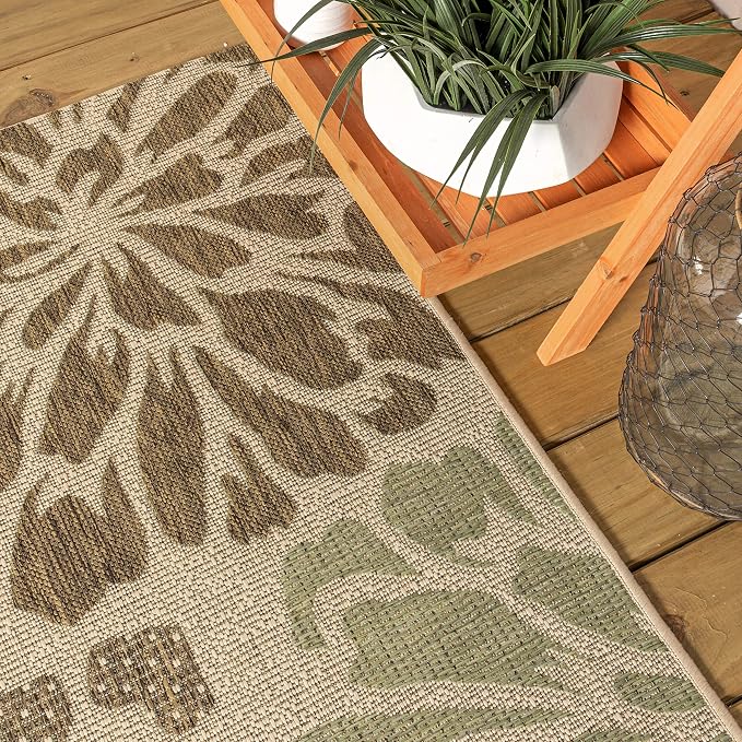 JONATHAN Y Floral Textured Weave Indoor Outdoor Round Area Rug 6 Ft Sage/Brown, Zinnia Modern for Backyard, Patio, Porch, Easy-Cleaning, High Traffic, Pet-Friendly, Non-Shedding (SMB110A-6R)