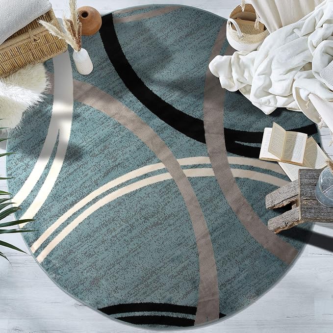 Rugshop Wavy Circles Modern Jute Backing Living Room Round Rug Blue 8'