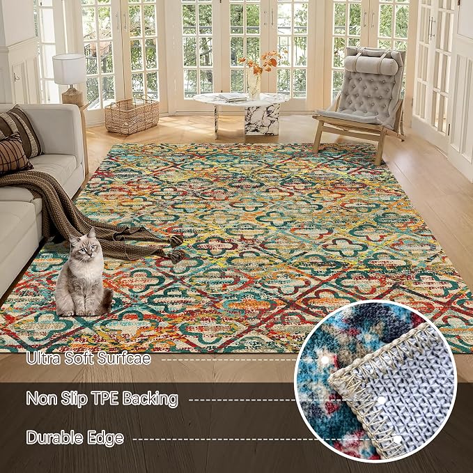 RUGSURE Washable Area Rugs, 8' x 10' - 1/6 Thick - Stain & Water Resistant Non-Slip - Perfect Resistant Rug for Living Room, Bedroom, Nursery, Pet & Child Friendly, Vibrant Colors Rugs, Multicolor