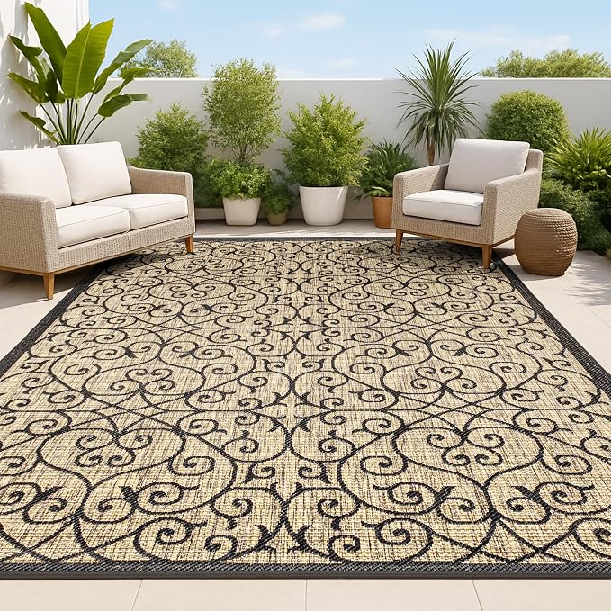 JONATHAN Y Vintage Filigree Indoor Outdoor Area Rug 6X9 Black/Khaki, Madrid Textured Weave for Backyard, Patio, Porch, Easy-Cleaning, High Traffic, Pet-Friendly, Non-Shedding (SMB107A-6)