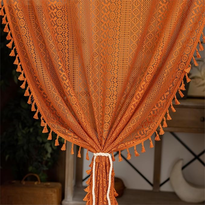 Sutuo Home Terracotta Boho Doorway Curtains for Front Door Closet,Lace Sheer Door Curtains for Doorway Crochet Vintage Chic Tassels Orange Bohemian Privacy Temporary Room Divider Rod Pocket,37" x 80"