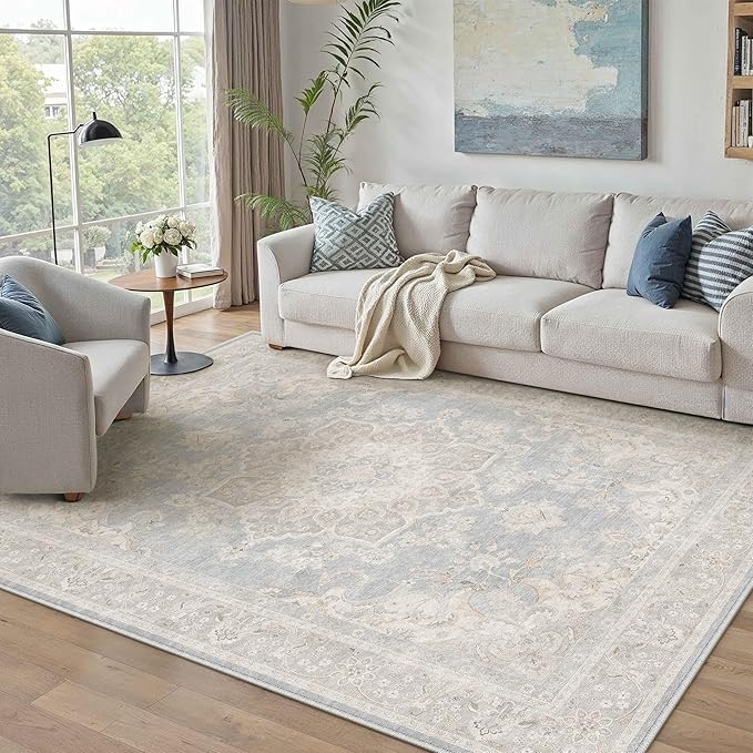 PureCozy 6x9 Area Rug Washable Blue Vintage Oriental Medallion | Non Slip, Soft Low Pile, Indoor Carpet for Living Room, Bedroom, Dining Room, Retro Decor