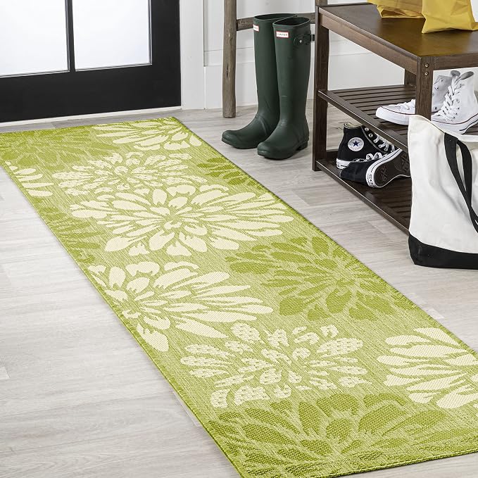 JONATHAN Y Floral Textured Weave Indoor Outdoor Runner Rug 2X10 Green/Cream, Zinnia Modern for Backyard, Patio, Porch, Easy-Cleaning, High Traffic, Pet-Friendly, Non-Shedding (SMB110H-210)