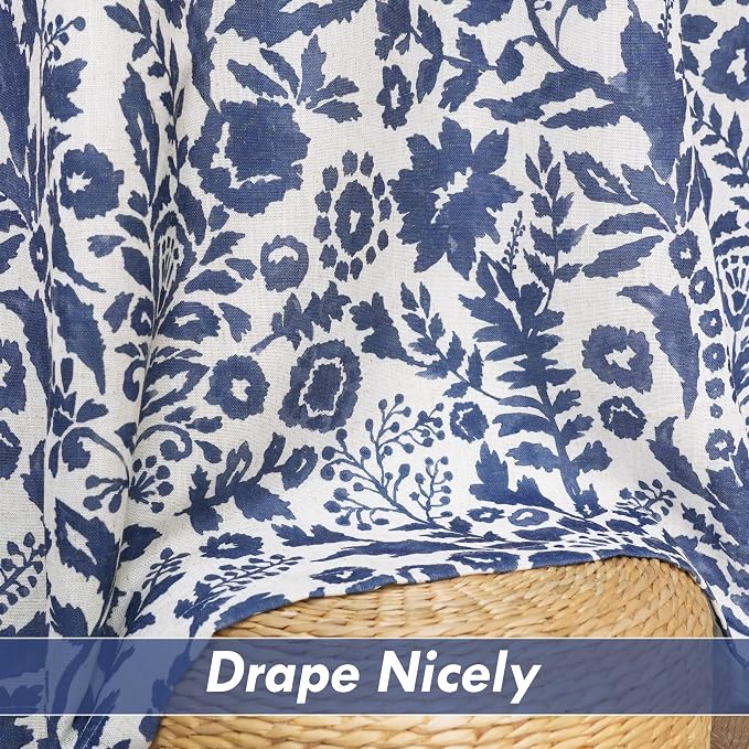 DriftAway Julia 100% Blackout Curtains Back Tab 2 Panels, W52xL96, Navy | Floral Curtains, Bedroom, Living Room, Linen Blend, Watercolor Pattern, 2 Layers, Thermal Insulated, Window Treatment