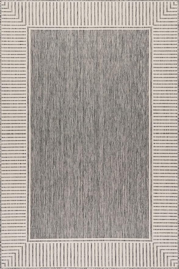 Nuloom Asha Grey/Ivory, 9'6" x 12', Casual, Striped Border, Soft and Cozy, High Traffic, Easy Clean, Durable Area Rug for Indoor/Outdoor Patio, Deck, Porch, Garden, Courtyard