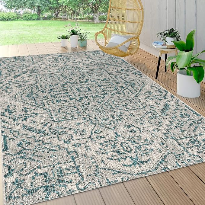 JONATHAN Y Boho Medallion Indoor Outdoor Area Rug 9X12 Teal/Gray, Estrella Textured Weave for Backyard, Patio, Porch, Easy-Cleaning, High Traffic, Pet-Friendly, Non-Shedding (SMB105C-9)
