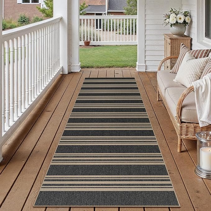 PureCozy Washable Kitchen Runner Rug 2x8 Striped Jute Look Non Slip | 2'6"x8 Black Farmhouse Design, Indoor Outdoor Hallway Runner for Entryway, Laundry Room and Kitchen, Non Shedding, Easy Care