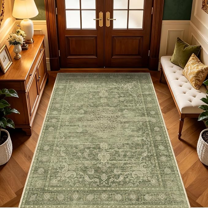 4x6 Area Rug, Vintage Carpet for Living Room, Sage Green, Thin | for Bedroom, Washable Low Pile Medallion Indoor Rug with Non-Slip Silicone Backing, Non-Shedding Stain Resistant
