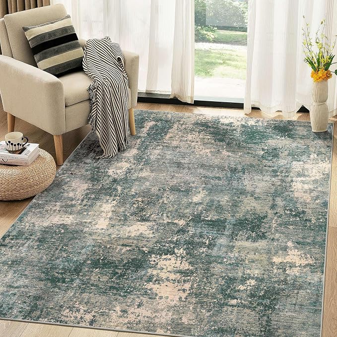 Abstract 7x9 Area Rug: Machine Washable Non Slip Ultra Thin Low-Pile Carpet, Soft Stain Resistant for Living Room Bedroom Nursery, Kid Pet Friendly, Robot Vacuum Compatible - Dark Green/Beige