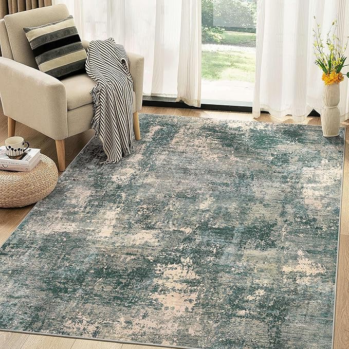 Abstract 5x7 Area Rug: Machine Washable Non Slip Ultra Thin Low-Pile Carpet, Soft Stain Resistant for Living Room Bedroom Nursery, Kid Pet Friendly, Robot Vacuum Compatible - Dark Green/Beige