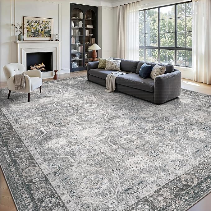 Large Area Rug 10x14, Soft Non Slip Low Pile Washable Rug, Boho Modern Area Rug for Living Room, Bedroom, Dining Room, Distressed Grey