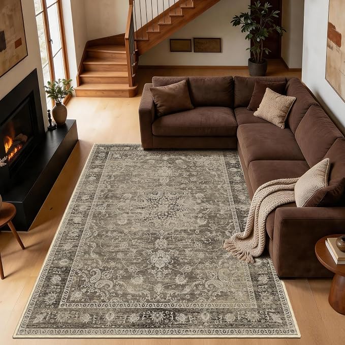 5x7 Area Rugs, Vintage Medallion Carpet for Living Room, Brown | for Bedroom and Dining Room, Washable Low Pile Indoor Rug with Non-Slip Silicone Backing, Non-Shedding Stain Resistant