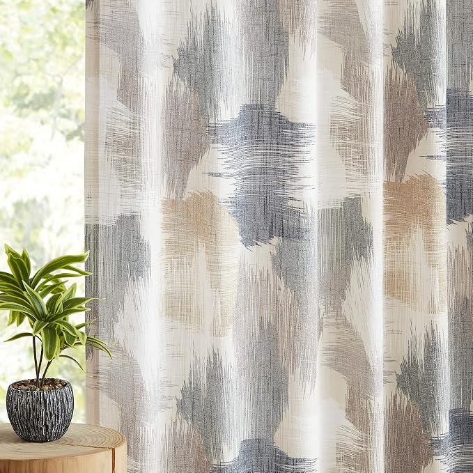 Kayne Studio Boho Geo Semi Sheer Curtain Panels Curtains,Blue Tan Watercolor Print Light Filtering Farmhouse Drapes for Living Room Bedroom, Back Tab Rod Pocket Window Treatment,W52 x L95,Brown,2 PK
