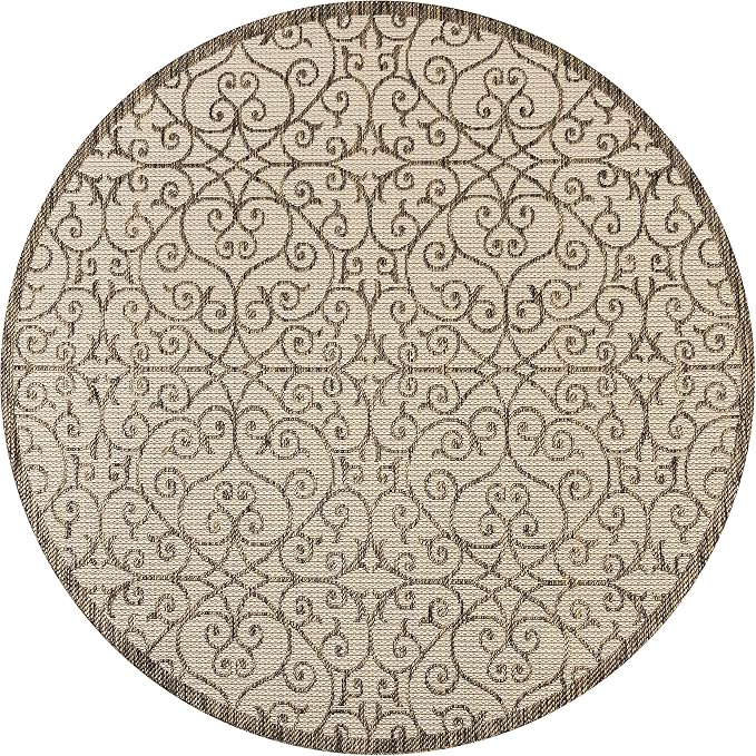 JONATHAN Y Vintage Filigree Indoor Outdoor Round Area Rug 8 Ft Beige/Brown, Madrid Textured Weave for Backyard, Patio, Porch, Easy-Cleaning, High Traffic, Pet-Friendly, Non-Shedding (SMB107B-8R)