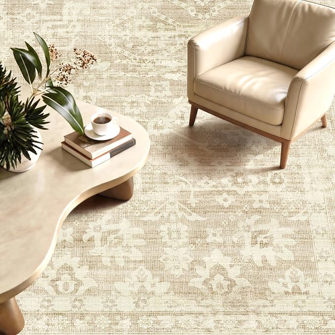Beige 5x7 Area Rugs, Neutral Vintage Boho Carpet for Bedroom | for Living Room and Dining Room, Washable Low Pile Nursery Area Rug with Non-Slip Silicone Backing, Non-Shedding, Thin