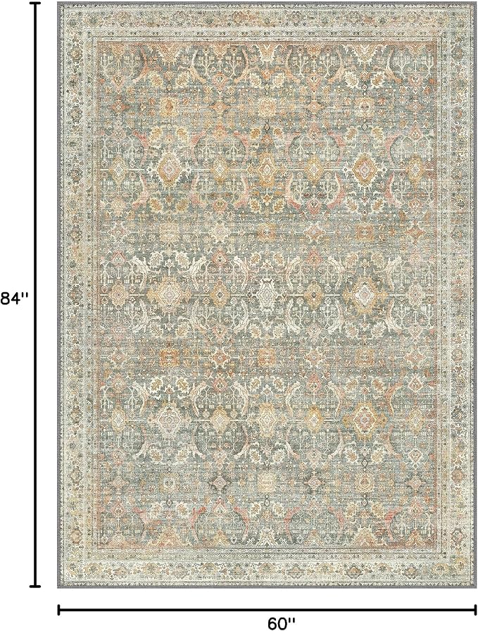BESBLEE 5X7 Area Rugs Machine Washable Rugs for Living Room, Vintage Boho Large Rugs for Bedroom Dining Room, Non Slip Indoor Soft Distressed Lightweight Thin Low Pile Carpet, Turmeric