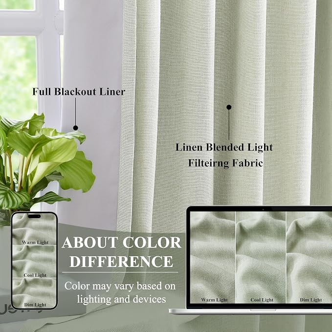 WEST LAKE Pinch Pleated Full Blackout Curtain Panels 112 Inches Length | Soft Green Linen Blend Drapes for Bedroom,Thermal Insulate Window Treatment,Back Tabs Hooks,60"Wx112"L(Pack of 1)