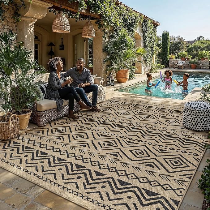 PureCozy 9x12 Easy Jute Outdoor Rug Black Boho Indoor Outdoor Area Rug Farmhouse Patio Carpet for Backyard, Patio, Porch, Living Room，Easy-Cleaning, High Traffic, Pet-Friendly, Non-Shedding