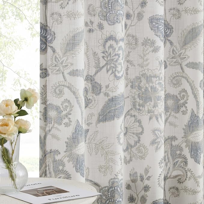 Kayne Studio Botanical Print Semi Sheer Curtains Blue Grey Floral Leaf Farmhouse Linen Curtain Drapes Light Filtering Window Treatments for Living Room Bedroom Rod Pocket Back Tab,52"x63",2 Panels