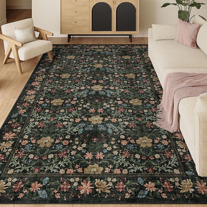 DUKINO 5x8 Area Rug, Vintage Floral Washable Rugs for Living Room, Black | Non Slip, Low Pile, Stain Resistant, Non-Shedding Soft Boho Floor Carpet for Bedroom, Dining Room, Home Office, Farmhouse