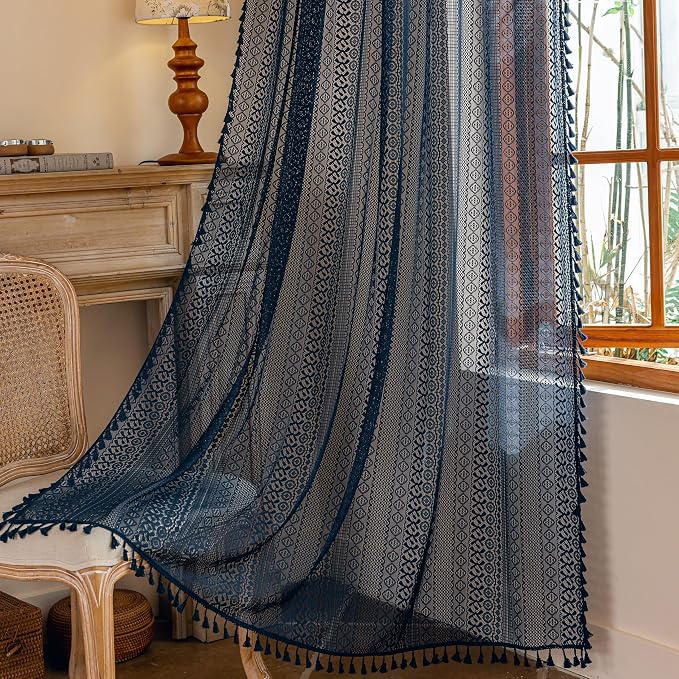 Sutuo Home Navy Blue Boho Curtains 2 Panels 84 Inches Long for Bedroom Living Room, Semi Sheer Macrame Lace Crochet Privacy Farmhouse Vintage Tassels Retro Strips Window Curtains Decor Rod Pocket,50"W