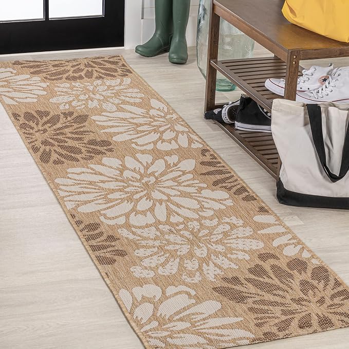 JONATHAN Y Floral Textured Weave Indoor Outdoor Runner Rug 2X10 Brown/Cream, Zinnia Modern for Backyard, Patio, Porch, Easy-Cleaning, High Traffic, Pet-Friendly, Non-Shedding (SMB110I-210)