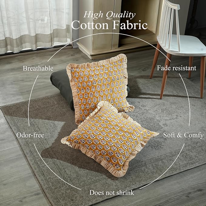 CPC Yellow Citrine Ruffle Throw Pillow Covers for Couch, 24x24 Inch Cotton Stripe Ruffle Couch Pillows for Living Room, Hidden 20 Inch Zipper Boho Pillow Case or Cute Outdoor Ruffle Pillows