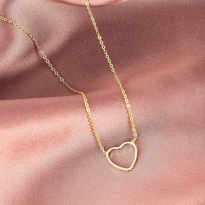 Tewiky Cute Heart Necklace Tiny 14k Gold Heart Pendant Choker Necklaces Small Gold Love Open Heart Chain Necklace for Women Dainty Gold Necklace Gifts for Her